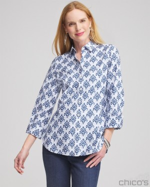 Chico's No Iron Stretch Ikat Shirt Blouses & Shirts French Blue | 874-CTDFJK