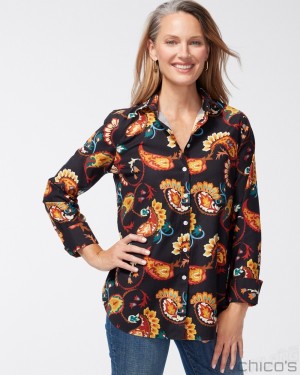 Chico's No Iron Stretch Paisley Shirt Blouses & Shirts Black | 543-LGUSOI