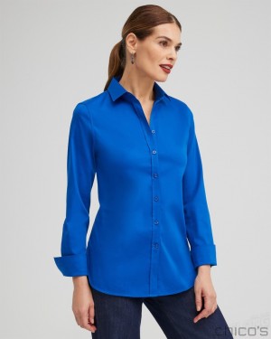 Chico's No Iron Stretch Shirt Tops Cosmic Cobalt | 840-QIGBYV