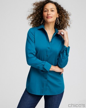 Chico's No Iron Stretch Shirt Tops Moonlit Teal | 614-FDGKYE