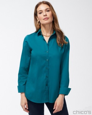 Chico's No Iron Stretch Shirt Tops Peacock Teal | 017-PFENJM