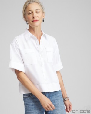 Chico's No Iron Stretch Short Sleeve Shirt Blouses & Shirts Optic White | 341-KQBEPV