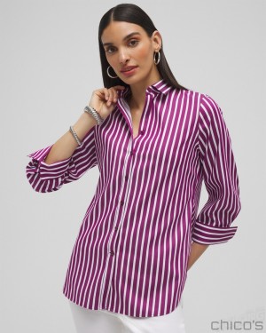 Chico's No Iron Stretch Stripe Shirt Blouses & Shirts Fresh Plum | 460-TMKBEQ