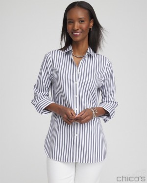 Chico's No Iron Stretch Stripe Shirt Blouses & Shirts Soft Slate | 418-CGEOAF