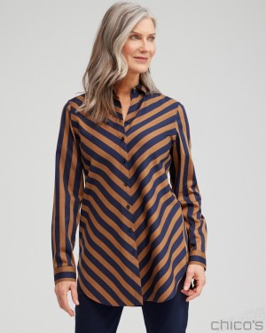 Chico's No Iron Stretch Stripe Tunic Tops Classic Navy | 256-DRFQTM