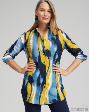 Chico's No Iron Stretch Swirl Print Tunic Tops Classic Navy | 537-JVEROC