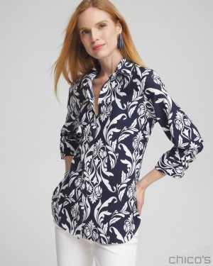 Chico's No Iron Stretch Swirl Shirt Blouses & Shirts Classic Navy/White | 267-CALBXP