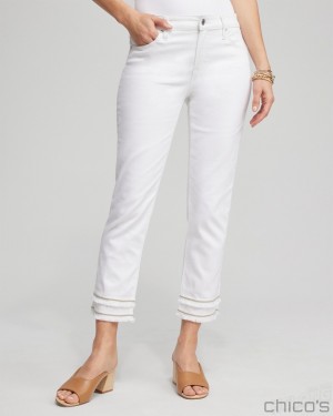 Chico's No Stain Girlfriend Embellished Hem Cropped Jeans Jeans & Denim Alabaster | 471-URELNC