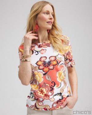 Chico's Paisley Elbow Sleeve Cotton Tee Tees & Tanks Nectarine | 180-ALIPGS