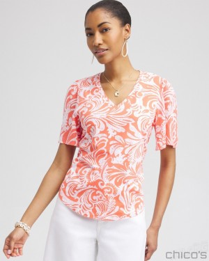 Chico's Paisley Gauze Flutter Sleeve Top Tees & Tanks Nectarine | 859-AQLSXJ