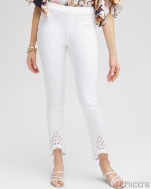 Chico's Petite Eyelet Tulip Hem Pull-on Ankle Jeggings Pants Alabaster | 285-HDOVTW