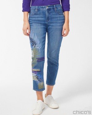 Chico's Petite Girlfriend Embroidered Palms Crops Jeans & Denim Corfu Indigo | 203-XFJLYN