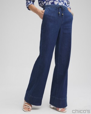 Chico's Petite Pull-on Drawstring Wide Leg Jean Jeans & Denim Waikiki Indigo | 740-PLFMQS