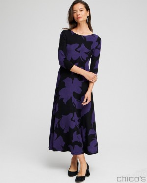 Chico's Petite Travelers Print V-back Maxi Dress Dresses & Skirts Midnight Violet | 782-THBDMU