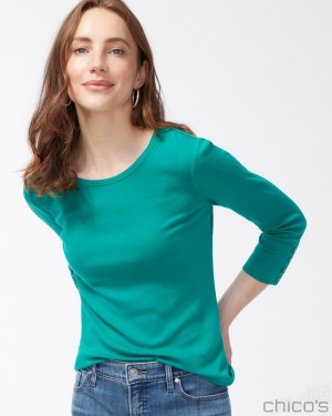 Chico's Pima 3/4 Sleeve Everyday Tee Tees & Tanks Ceramic Green | 463-TSCBXQ