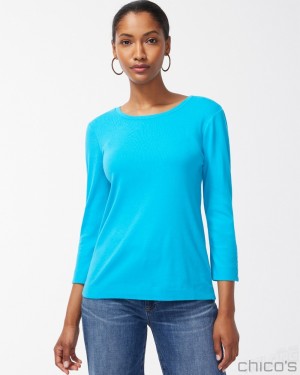 Chico's Pima 3/4 Sleeve Everyday Tee Tees & Tanks Cyan Sea | 692-SAWZRN