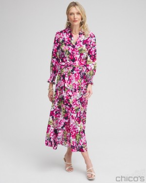 Chico's Pink Floral Maxi Shirt Dress Dresses Multi | 739-PQDZVT