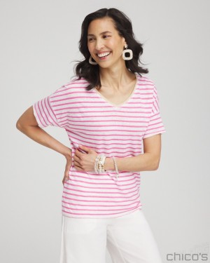 Chico's Pink Stripe Sweater Trim Tee Tees & Tanks DELIGHTFUL PINK | 784-QZITYV