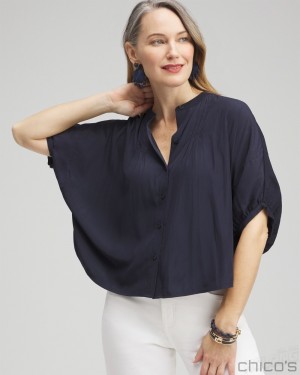 Chico's Pintuck Dolman Sleeve Shirt Blouses & Shirts Classic Navy | 145-NWVPSY