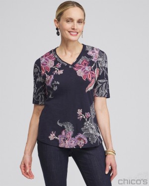 Chico's Placed Floral Elbow Sleeve A-line Tee Tees & Tanks Ginger Rose | 978-JCBUYX