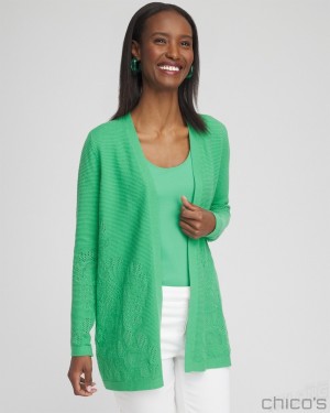 Chico's Placed Pointelle Cardigan Sweaters GRASSY GREEN | 371-EINBQJ