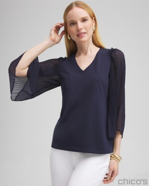 Chico's Pleated Billow Sleeve Top Tees & Tanks Classic Navy | 418-YVNLWA