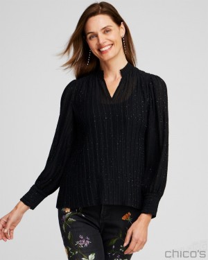 Chico's Pleated Blouse Blouses & Shirts Black | 130-UBQLOS