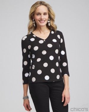 Chico's Polka Dot 3/4 Sleeve Perfect Tee Tees & Tanks Black | 305-WSYINV