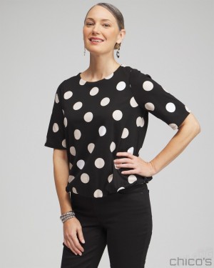 Chico's Polka Dot Bubble Hem Top Tees & Tanks Black | 738-AXCZYE