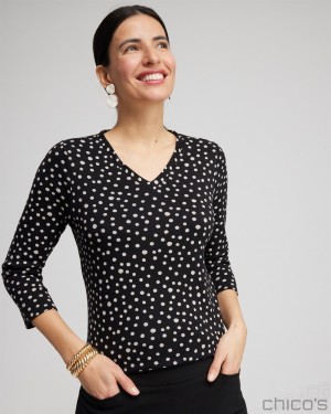 Chico's Polka Dot Everyday 3/4 Sleeve Tee Tees & Tanks Black | 207-RYHJKV