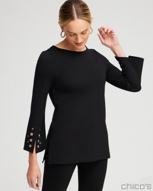 Chico's Ponte Grommet Flare Sleeve Top Tops Black | 731-ZGPAED