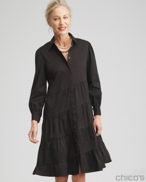 Chico's Poplin Asymmetrical Tiered Shirt Dress Dresses Black | 435-BTXYIF