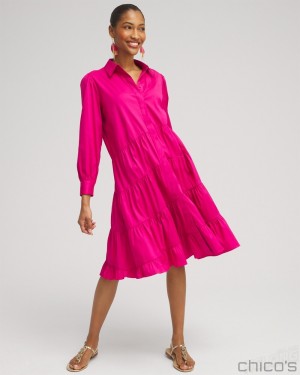 Chico's Poplin Asymmetrical Tiered Shirt Dress Dresses Primrose Pink | 645-JXVDLH