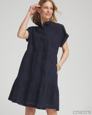 Chico's Poplin Diagonal Button Front Dress Dresses Classic Navy | 563-TPKJZA