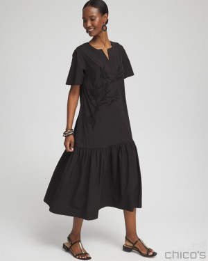 Chico's Poplin Embellished Dress Dresses Black | 708-IGWBEX