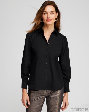 Chico's Poplin Embellished Sleeve Shirt Blouses & Shirts Black | 096-SMQROK