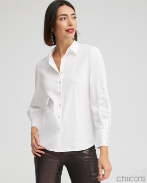 Chico's Poplin Embellished Sleeve Shirt Blouses & Shirts Alabaster | 729-BRWLEX