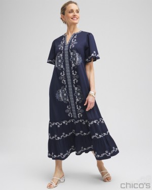 Chico's Poplin Embroidered Maxi Dress Dresses Classic Navy | 150-DXLSRG