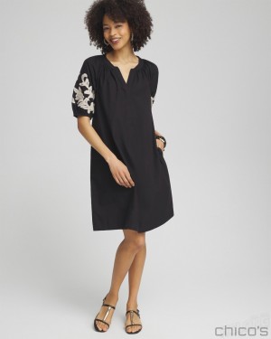 Chico's Poplin Embroidered Midi Dress Dresses Black | 678-JODZKV