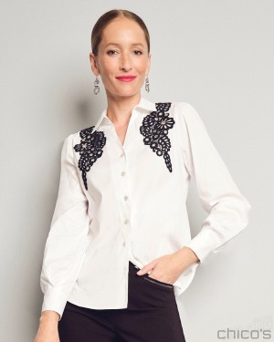 Chico's Poplin Lace Applique Shirt Blouses & Shirts Alabaster | 902-REAHVN