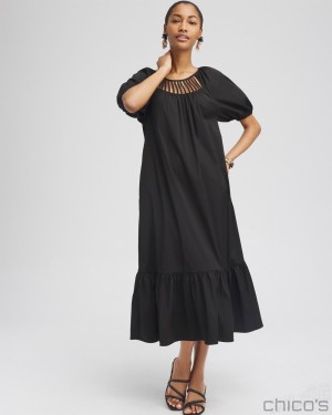 Chico's Poplin Ladder Detail Dress Dresses Black | 268-JCWMGN