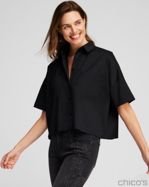 Chico's Poplin Pocket Shirt Tops Black | 543-BTMFHK