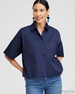 Chico's Poplin Pocket Shirt Tops Classic Navy | 126-MOXLNT