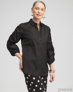 Chico's Poplin Ruched Sleeve Shirt Blouses & Shirts Black | 231-INREKS