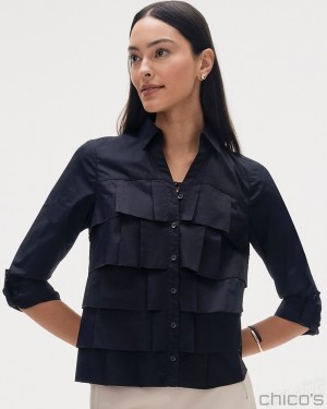 Chico's Poplin Ruffle Shirt Blouses & Shirts Black | 913-KRUSPL