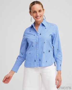 Chico's Poplin Sailboat Stripe Shirt Blouses & Shirts Wisteria Blue | 571-GHXCSP