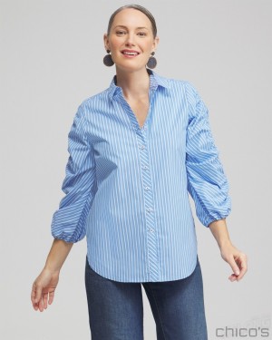 Chico's Poplin Stripe Ruched Sleeve Shirt Blouses & Shirts French Blue | 036-JVWTDH