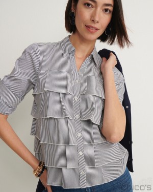 Chico's Poplin Stripe Ruffle Shirt Blouses & Shirts Classic Navy | 365-YZHTCU