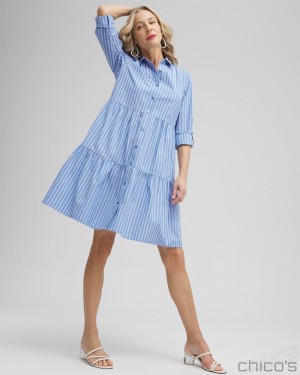 Chico's Poplin Stripe Shirt Dress Dresses French Blue | 869-QGFODV