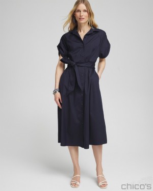 Chico's Poplin Tie Waist Shirt Dress Dresses Classic Navy | 591-GIBSZU